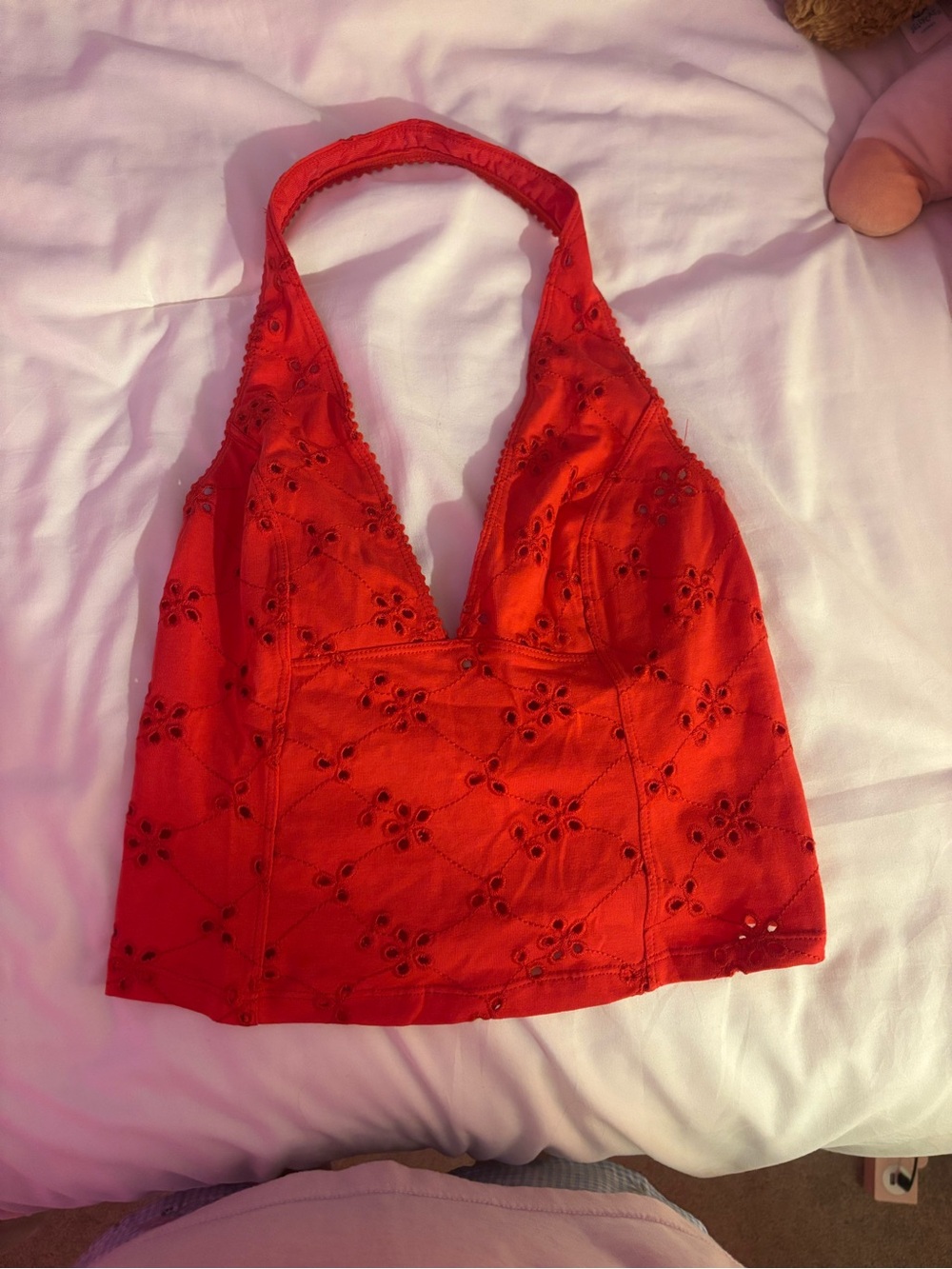 Red Eyelet Halter Crop Top